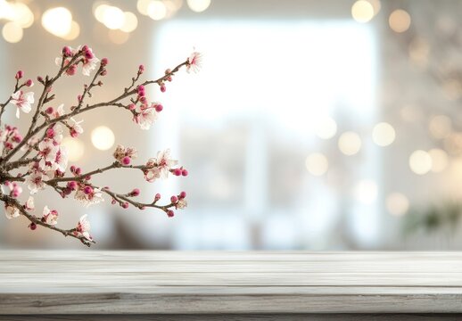 Pink blossoms on a rustic white wood table against a blurred bright background.