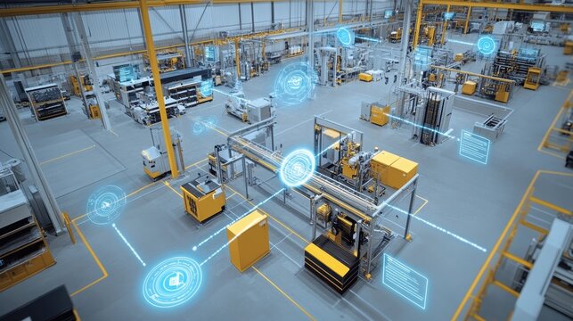 A manufacturing floor filled with sensors strategically p on machinery gathering realtime data to inform predictive maintenance algorithms and streamline operations.