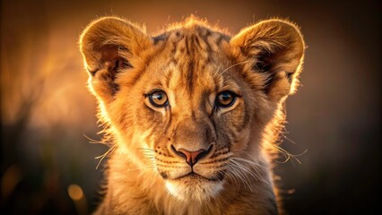 Stunning Lion Cub Logo Vector Illustration for Branding, Low Light Photography Style, Emphasizing Warm Tones and Gentle Shadows for Creative Design Projects