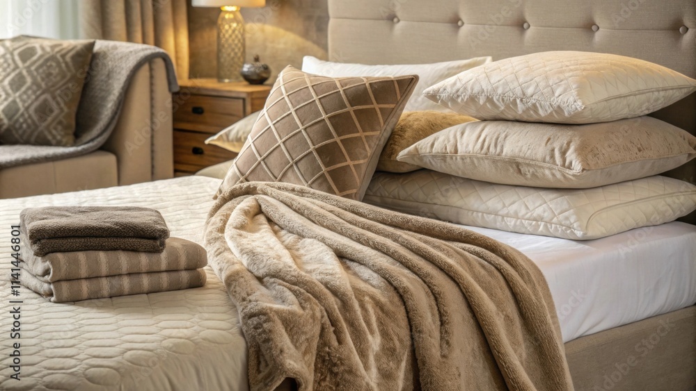 Poster a plush throw blanket is draped casually over the beds edge inviting touch with its rich texture whi