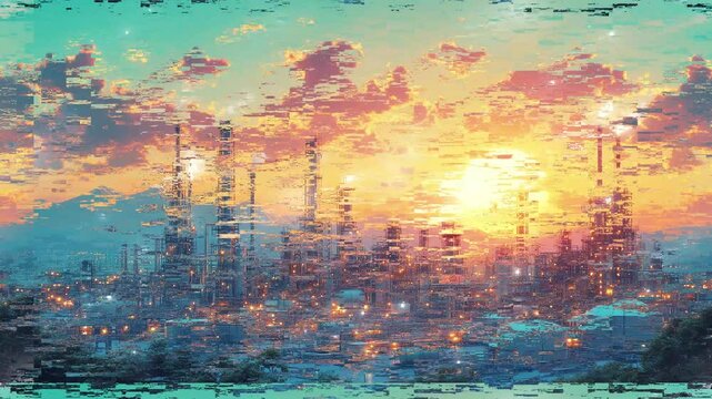 Workers examine the advanced facilities of a gas processing plant at dusk. glitch stream overlay seamless loop Vtuber streamer asset twitch zoom OBS screen animated wallpaper virtual background