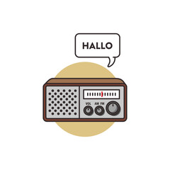 A vintage radio with a speech bubble reading “HALLO” against a simple, two-tone circular background, perfect for retro communication themes.