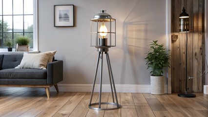 Modern living room with a metal tripod floor lamp and a potted plant