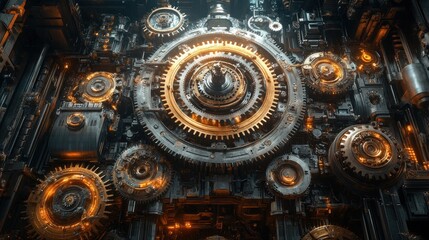 Intricate steampunk-style clockwork mechanism.