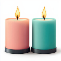 Two colorful candles with glowing flames create warm ambiance, isolated design on white background
