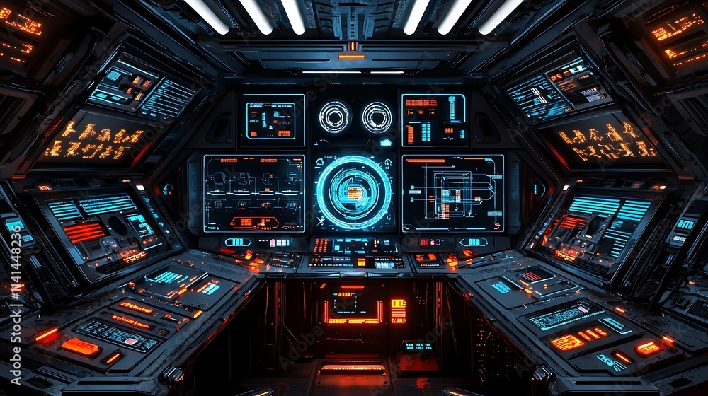 Poster futuristic spaceship bridge interior with advanced technology and glowing interfaces.