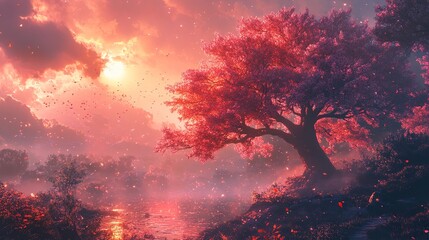 Pink Cherry Blossom Tree at Sunset: A Serene Landscape