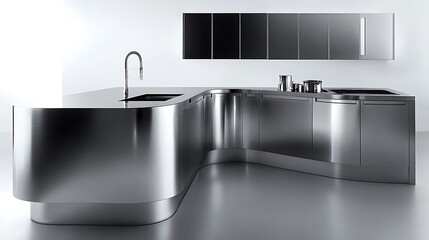 Sleek stainless steel kitchen counter in bright minimal photo mockup. AI Generated