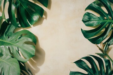Tropical leaves frame on beige background. (2)