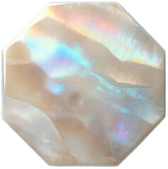 A luminous hexagon-shaped piece of iridescent mother-of-pearl, featuring a mesmerizing play of colors like white, blue, and gold. Perfect for jewelry design, luxury themes, or decorative inspirations.