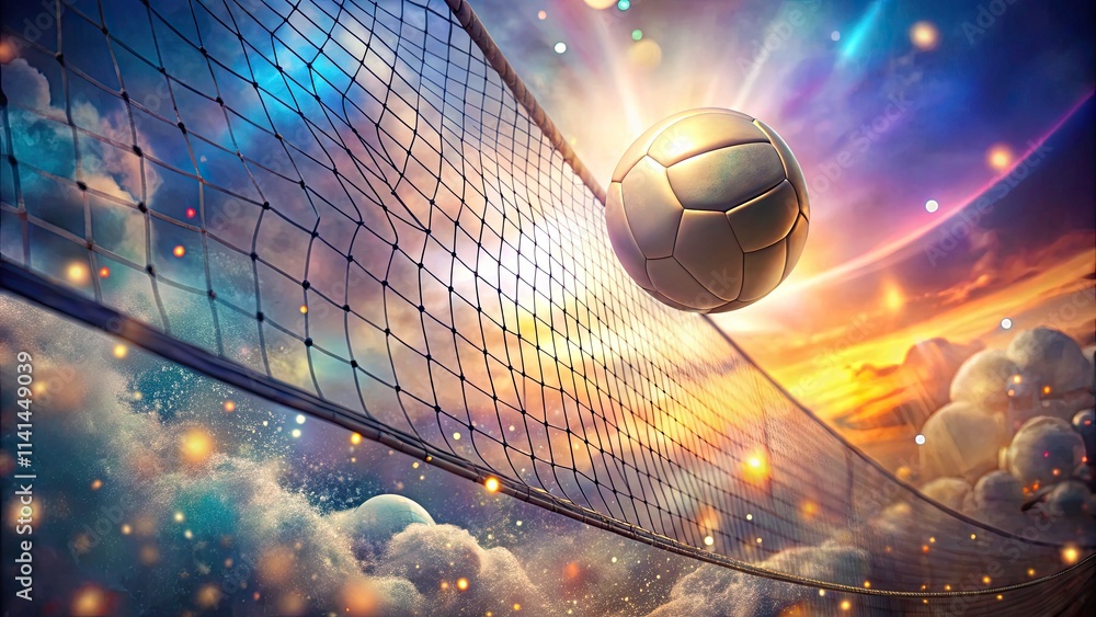 Aufkleber surreal volleyball in a transparent net with a dreamlike atmosphere and abstract elements for unique