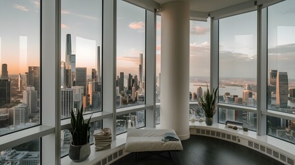 Fototapeta premium A high-rise apartment with windows closed to block out the noise from the busy city below.