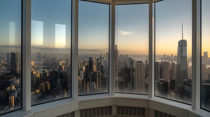 A high-rise apartment with windows closed to block out the noise from the busy city below.