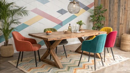 A rustic wooden dining table stands at the center its natural finish beautifully contrasting with the striking wall design surrounded by mismatched chairs that pop with vivid hues