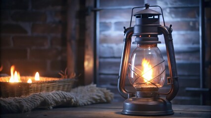 An Illuminated Vintage Lantern on a Wooden Table