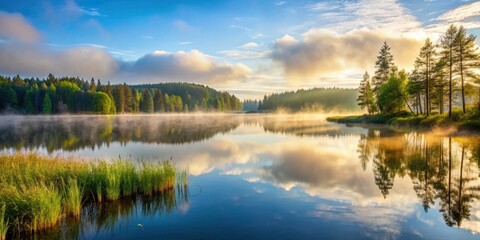 Obraz premium Tranquil Fog Over Lake Aresjon in Sweden - Serene Landscape, Nature, Water Reflection, Morning Mist, Scandinavian Beauty, Outdoor Adventure, Peaceful
