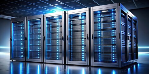 Futuristic server rack with advanced technology and sleek design, rendering, server, futuristic, technology, data center