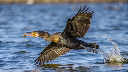 Obraz premium Black-headed Cormorant with Prey in Flight Over Water