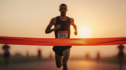 Runner breaking through finish line marathon event sunset environment embracing perseverance and determination
