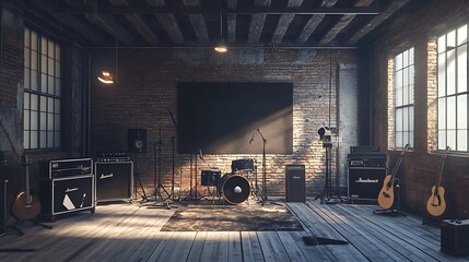 Industrial Loft Rehearsal Space: Sunlit 3D Render. AI Generated