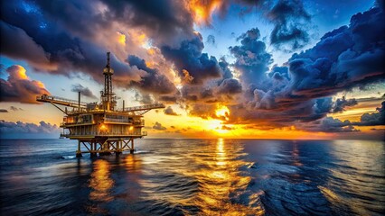Offshore oil platform at dusk with dramatic sky , oil industry, energy production, industrial, offshore drilling, rig