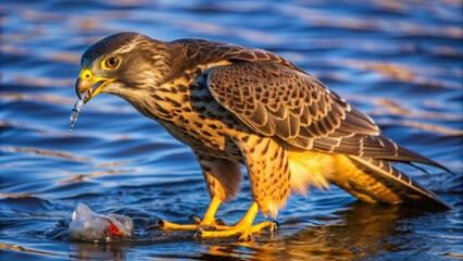 Fototapeta premium A Hawk Standing in Water with a Fish in its Beak