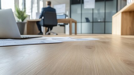 Modern Office Floor Documents Laptop Businessman Working