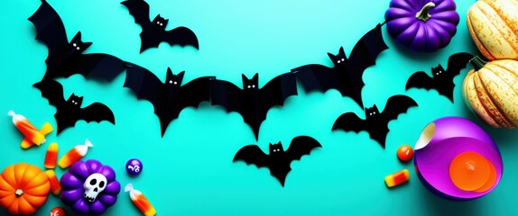 Fototapeta premium A festive Halloween scene with a teal background, featuring black paper bats hanging from a string, colorful candy corn, a purple and orange pumpkin, and a jack-o'-lantern. The image is a photograph w