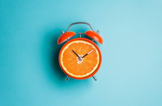Orange slice replacing clock face on retro alarm clock.