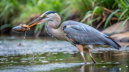 Obraz premium Great Blue Heron Capturing a Fish in Its Beak
