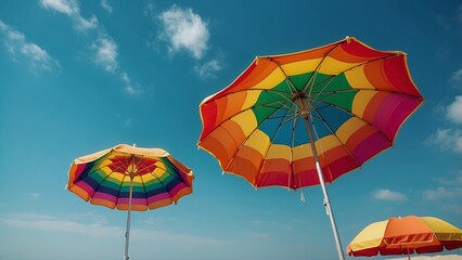 Rainbow umbrellas on summer day with blue sky background