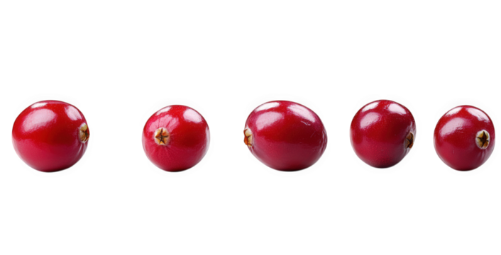 five fresh red cranberries isolated on a transparent background the cranberries are arranged in a row from left to right. showing different angles