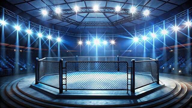 UFC ring background with bright stadium lights and arena seating , sports, competition, mixed martial arts