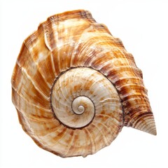 Close-up of a spiral seashell on white background.