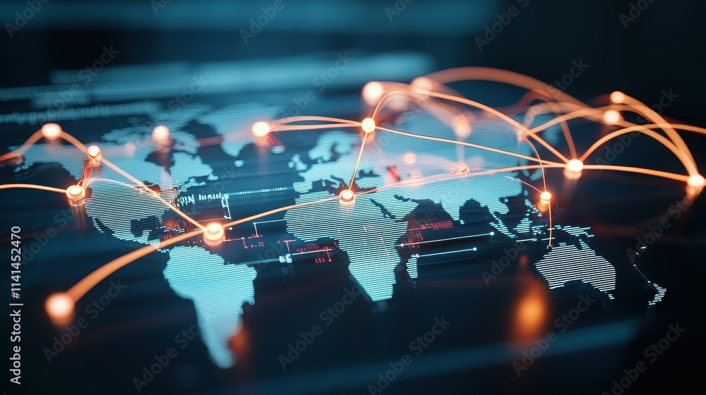 Aufkleber digital world map with network connections and glowing pathways.