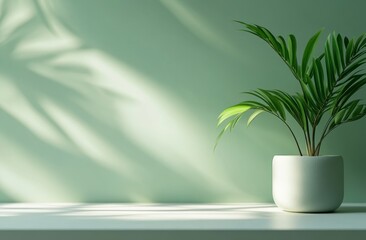 Minimalist green wall with potted plant and sunlight.