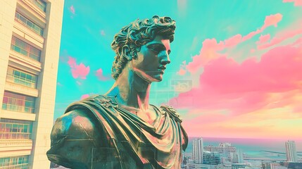 Obraz premium Bronze statue gazes dreamily in soft pastel digital painting.. AI Generated