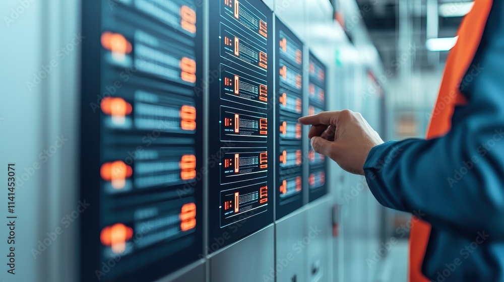 Poster technician interacting with a digital control panel in a server room.