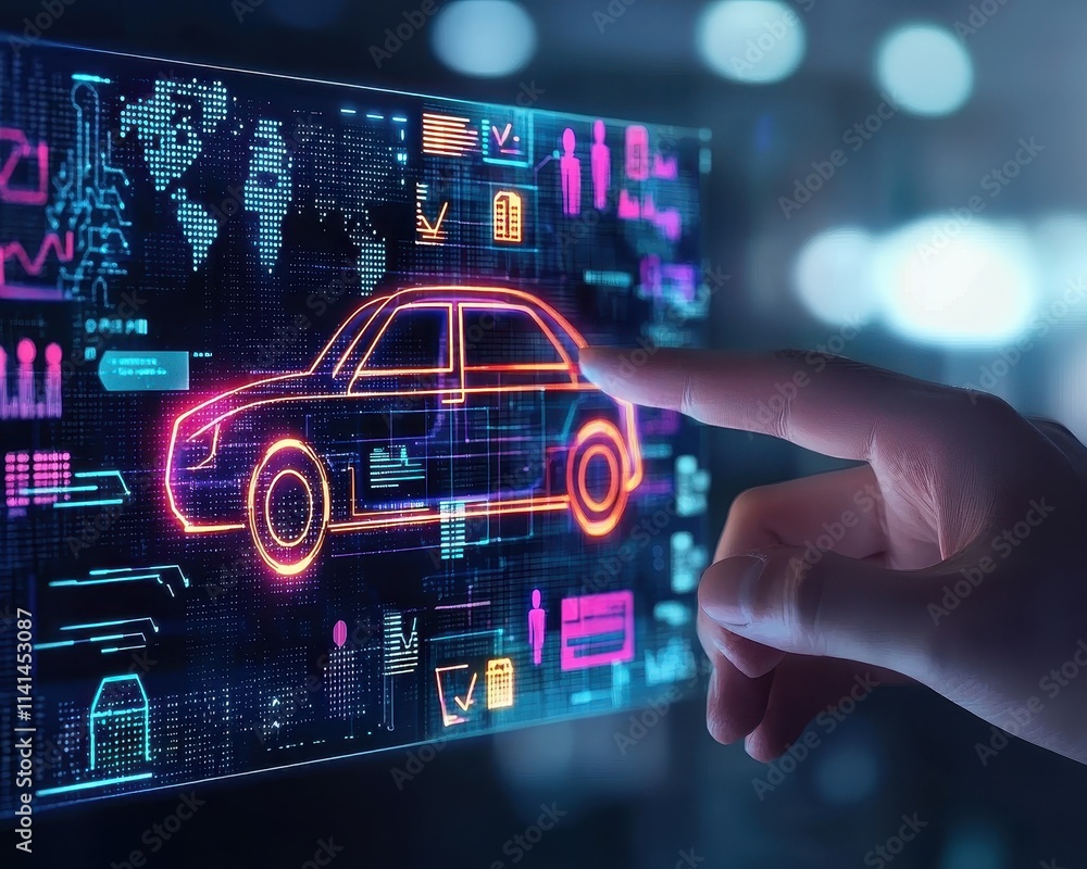 Poster digital interface showcasing a car design with vibrant graphics.