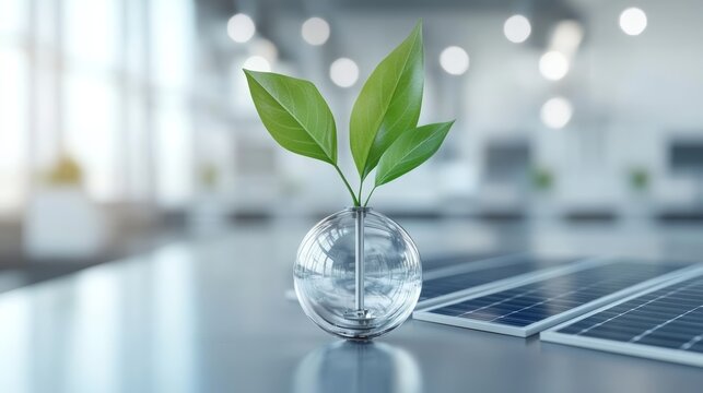 A tranquil workspace, plant in glass vase and laptop on table, fostering productivity calmness in modern setting