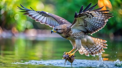 Fototapeta premium A Hawk Soaring Above Water With Prey in Talons