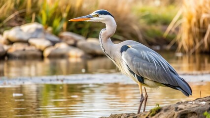 Obraz premium A Grey Heron Stands on a Rock by a Pond