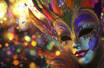 COLORFUL CARNIVAL MASK FLOATING WITH CONFETTI AND GLITTER