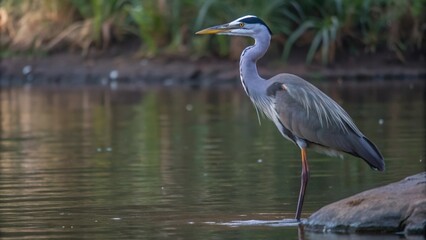 Naklejka premium A Grey Heron Standing in Shallow Water with a Blurry Background