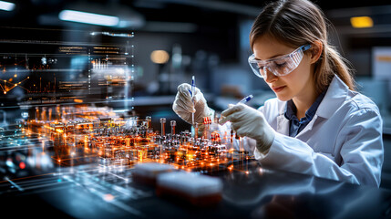 scientist in lab wearing goggles and gloves, working on high tech project with advanced technology and data visualization. atmosphere is focused and innovative