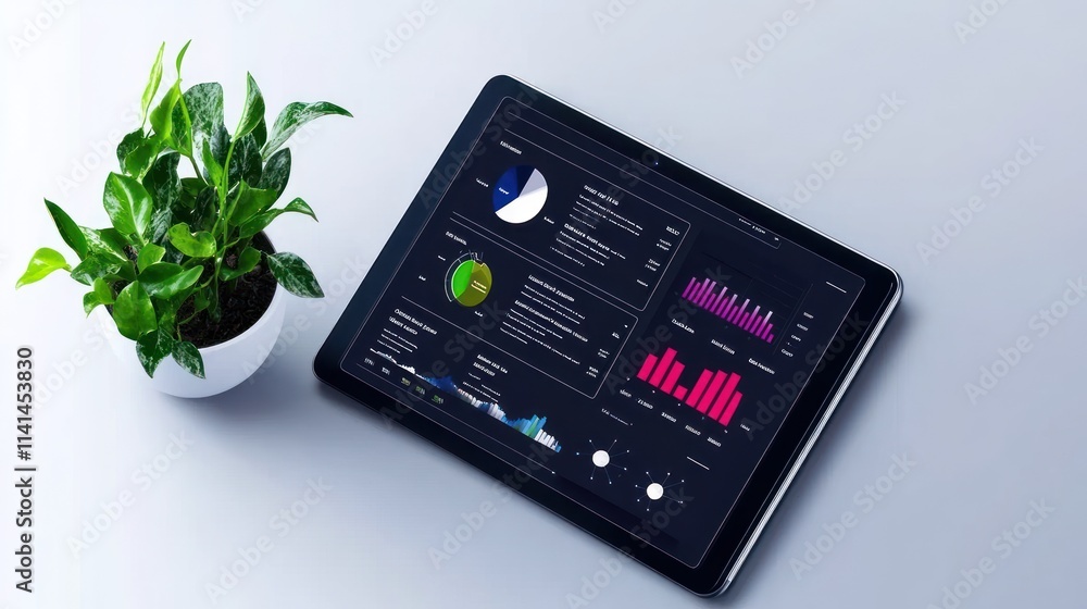 Aufkleber tablet displaying data analytics with a plant beside it.