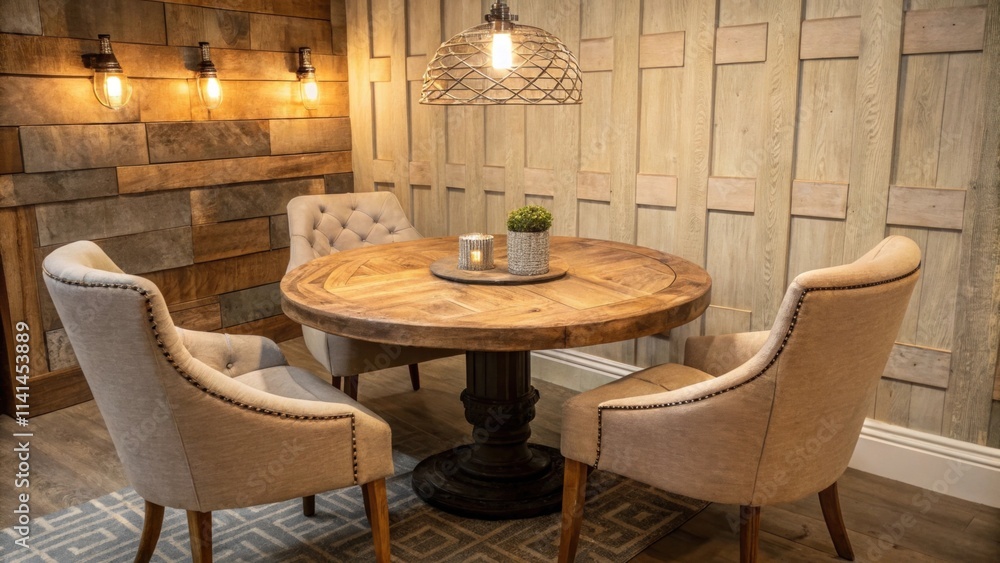 Poster a quaint setup featuring a rustic round table made of reclaimed wood surrounded by plush upholstered