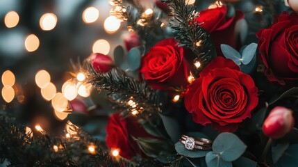Fototapeta premium A close-up of vibrant red roses adorned with fairy lights, creating a romantic and festive atmosphere.