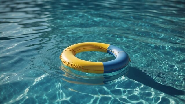 yellow pool ring float in blue water, summer day
