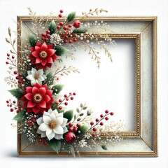 Festive Christmas gold Baroque frame featured pine branches mixed pine cones mixed white flowers and holly berries
